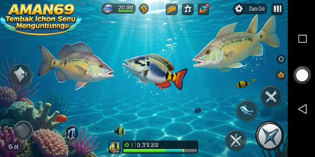 Tampilan gameplay AMAN69 saat pemain menembak ikan di laut.