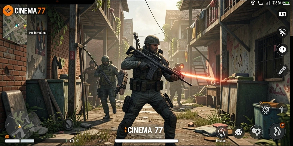 Tangkapan layar gameplay CINEMA77 yang menunjukkan simulasi produksi film.