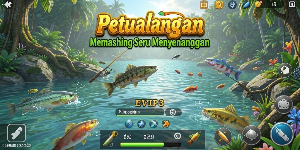 Screenshot gameplay EVIP3 menampilkan aksi menangkap ikan yang mendebarkan.