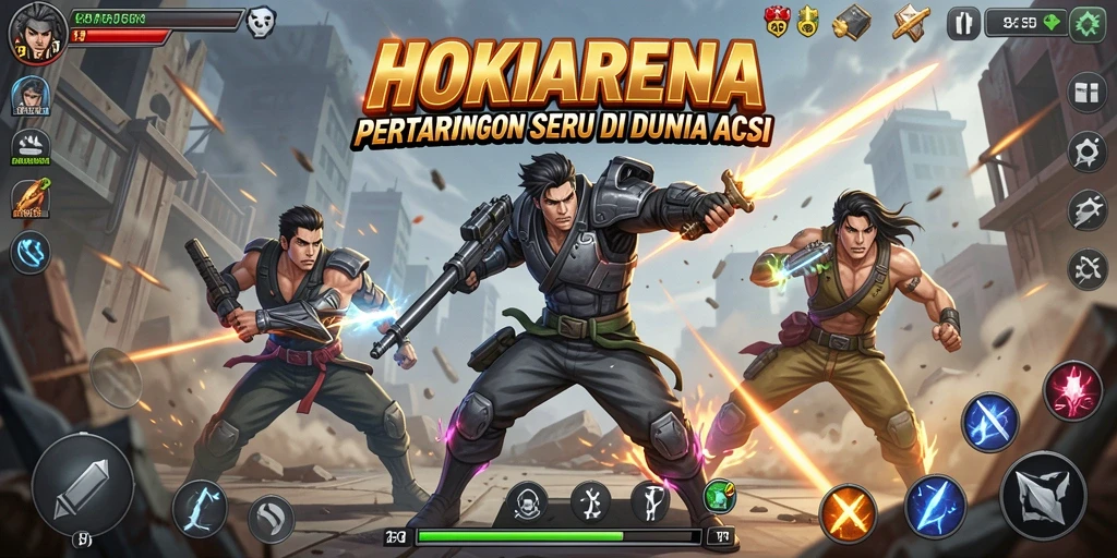 Screenshot permainan HOKIARENA menampilkan aksi pertarungan yang seru.