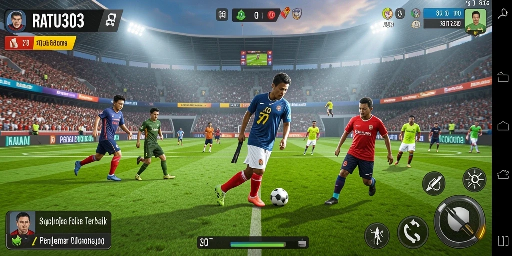 Tangkapan layar utama menunjukkan aksi bermain sepak bola di RATU303.