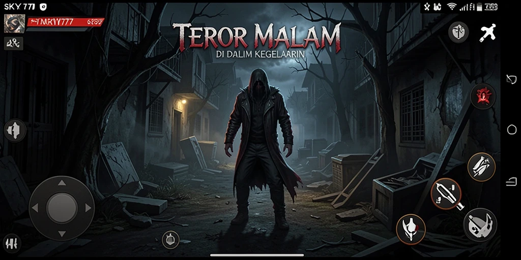 Visual menyeramkan dalam gameplay <strong>SKY77</strong> menampilkan kegelapan dan ketegangan.