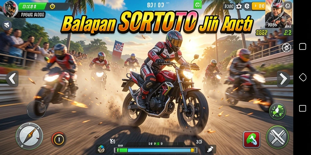 Gameplay SORTOTO menampilkan aksi balapan motor yang mendebarkan.