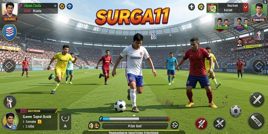 Screenshot gameplay SURGA11 menunjukkan aksi sepak bola yang mendebarkan.