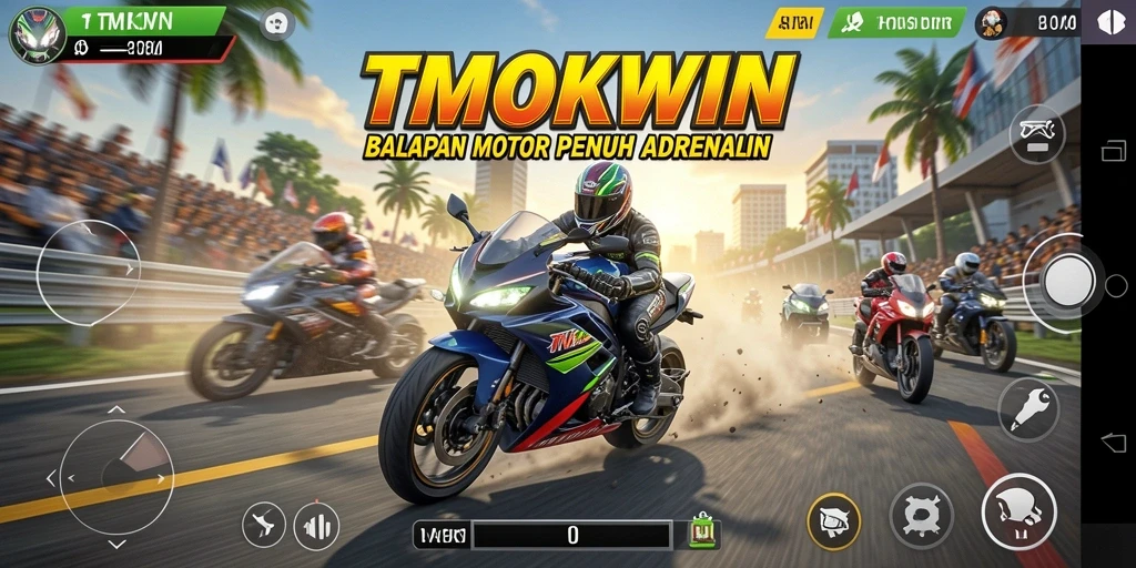 Tangkapan layar gameplay TMOKWIN menampilkan balapan motor yang mendebarkan.