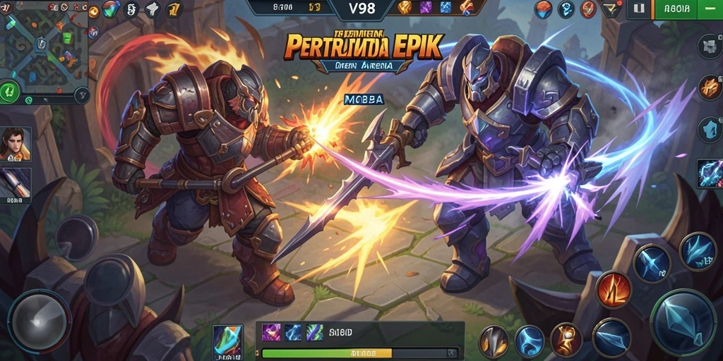 Screenshot V98 menunjukkan pertarungan seru antara tim di arena MOBA.