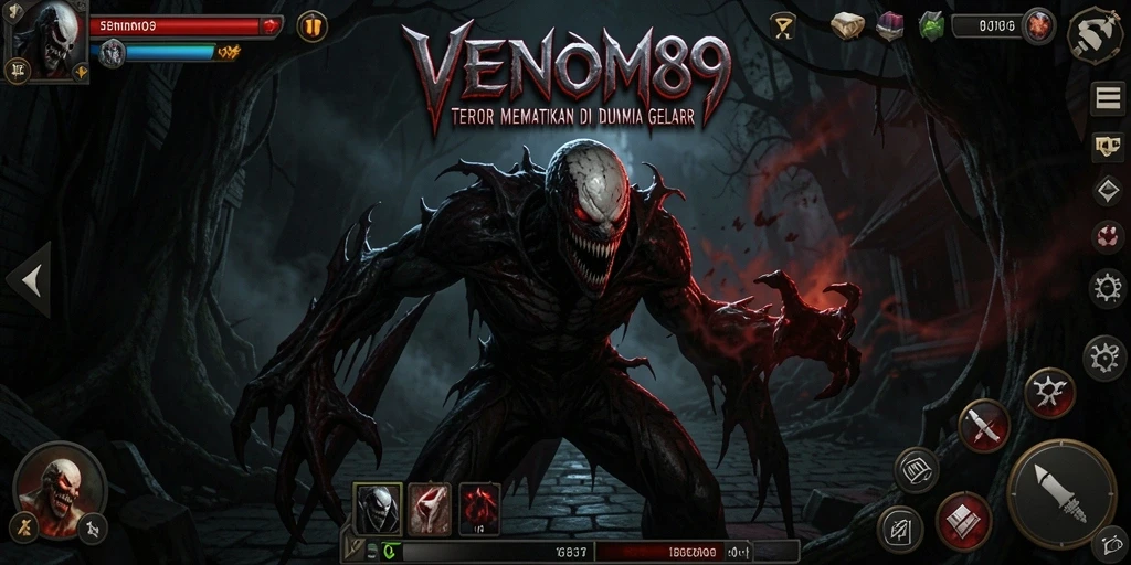 Tampilan gameplay mencekam dari VENOM889, dengan suasana gelap penuh ketegangan.